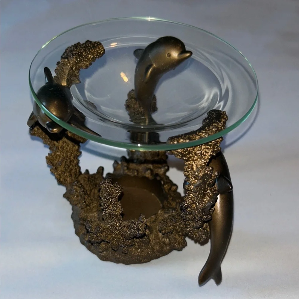 PartyLite Bronze 3 Dolphin Oil Wax Melt Scent Aroma Candle Holder (RETIRED)
